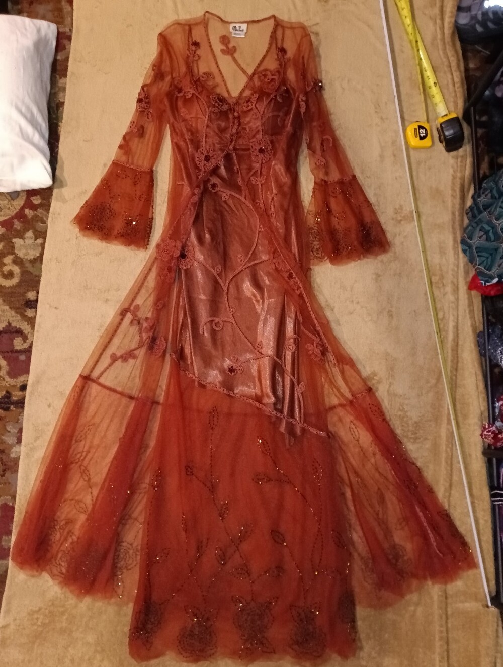 Mike Benet Vintage Embroidered Rust Sheer Maxi Dress Duster Bell Sleeves